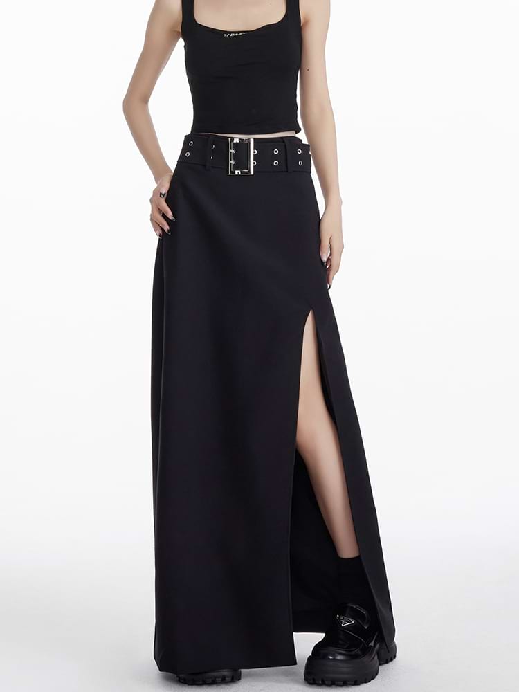 Maxi Skirt with Side Slit and Grommet Belt