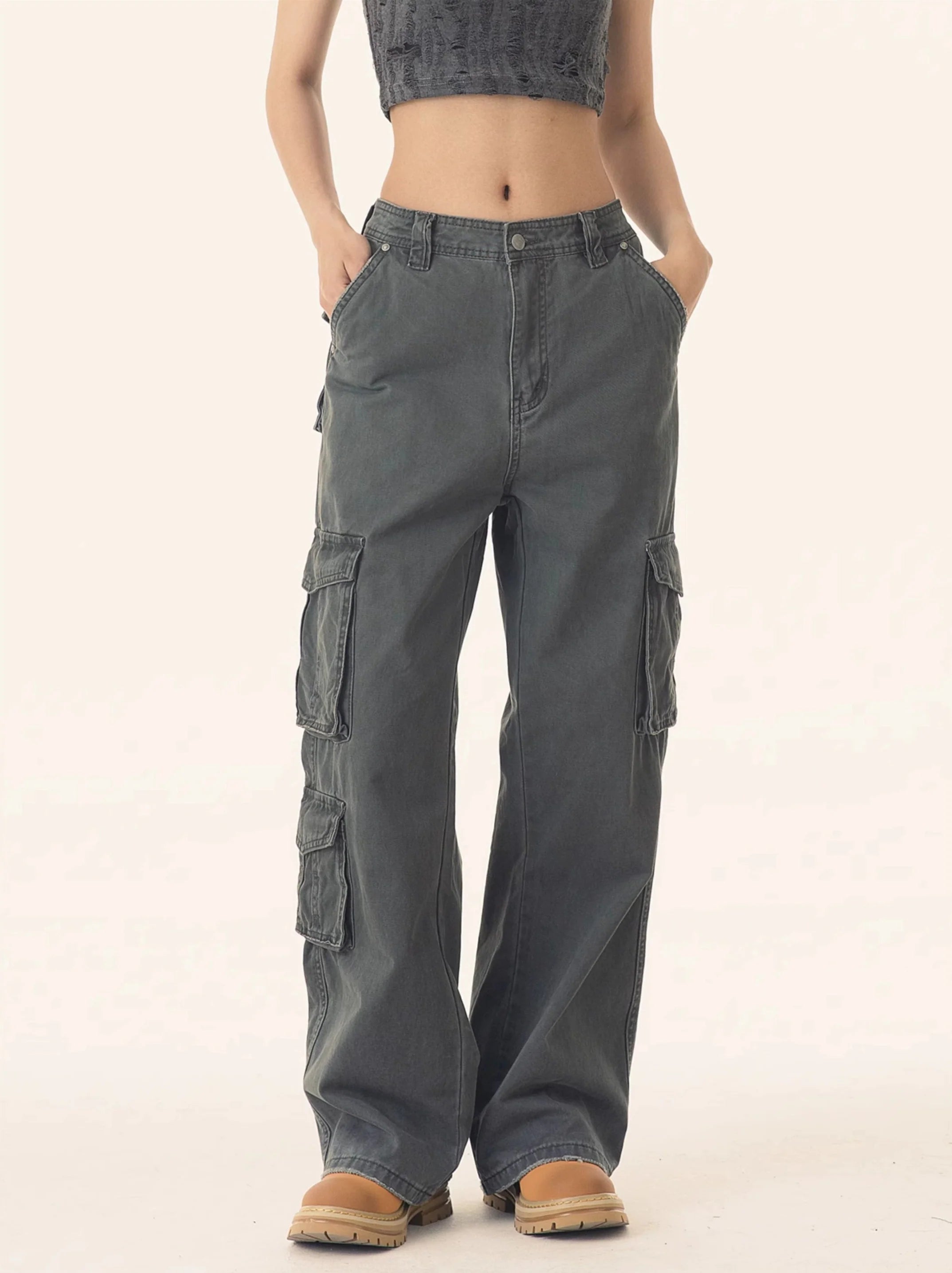 Straight Leg Cargo Pants with Multiple Side Pockets