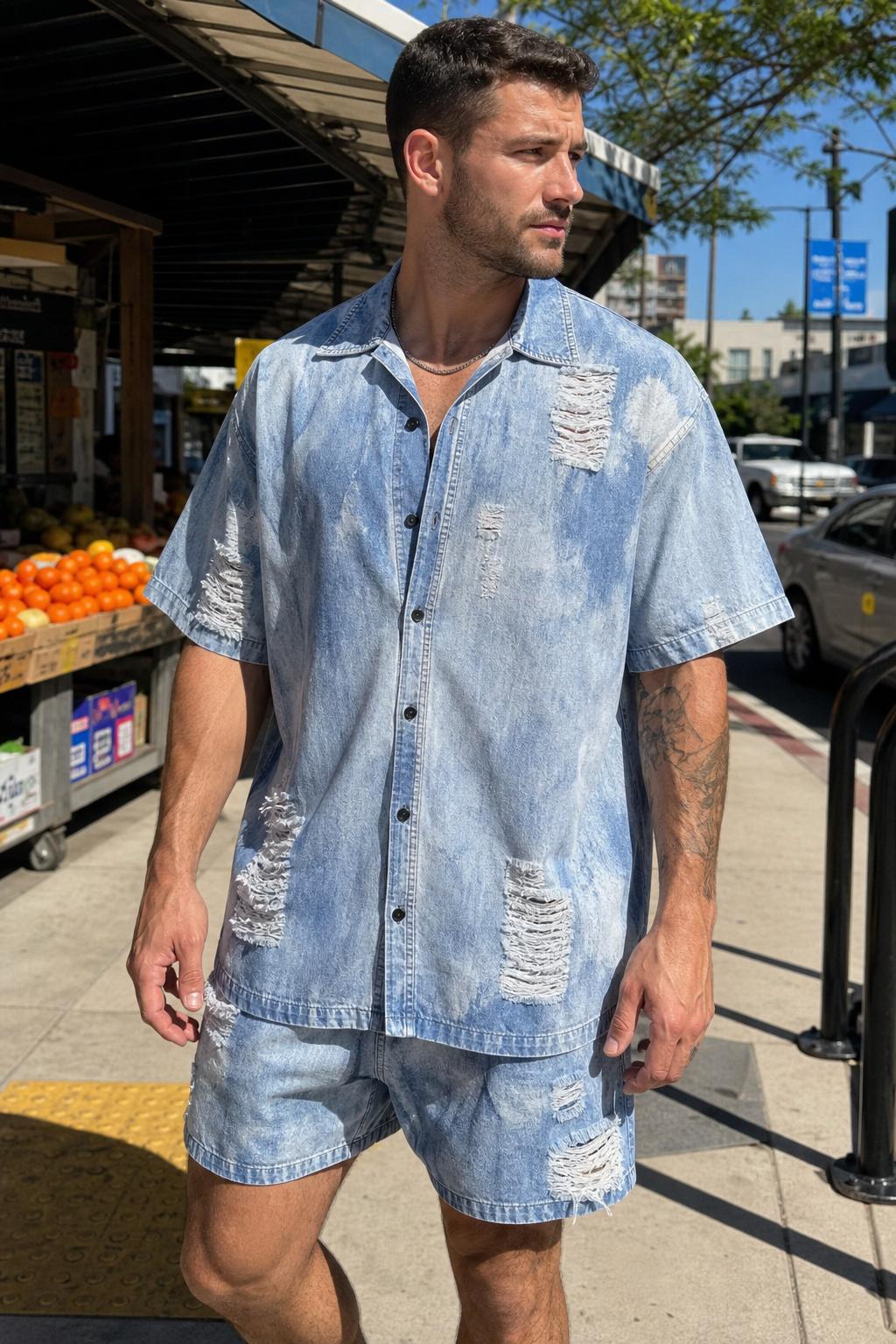 Distressed Denim Button Down Shirt UGC showcase 1