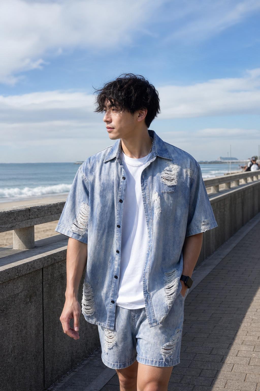 Distressed Denim Button Down Shirt UGC showcase 5