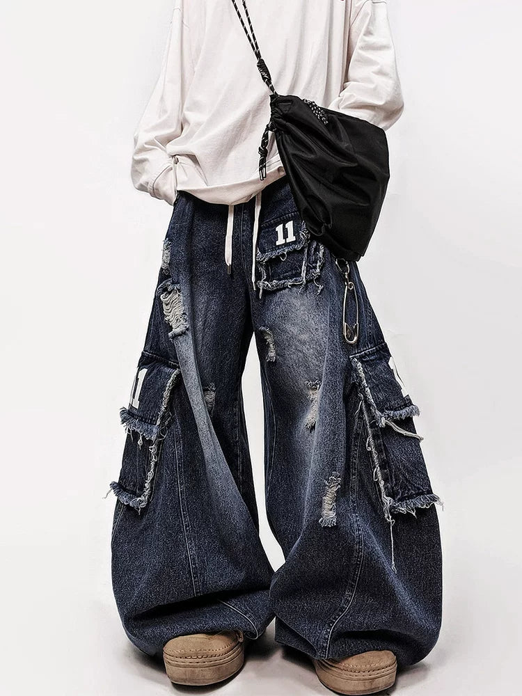 Distressed patch cargo wide-leg jeans front view