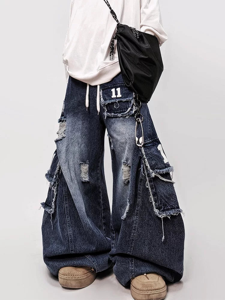 Distressed blue wide-leg jeans front and side view