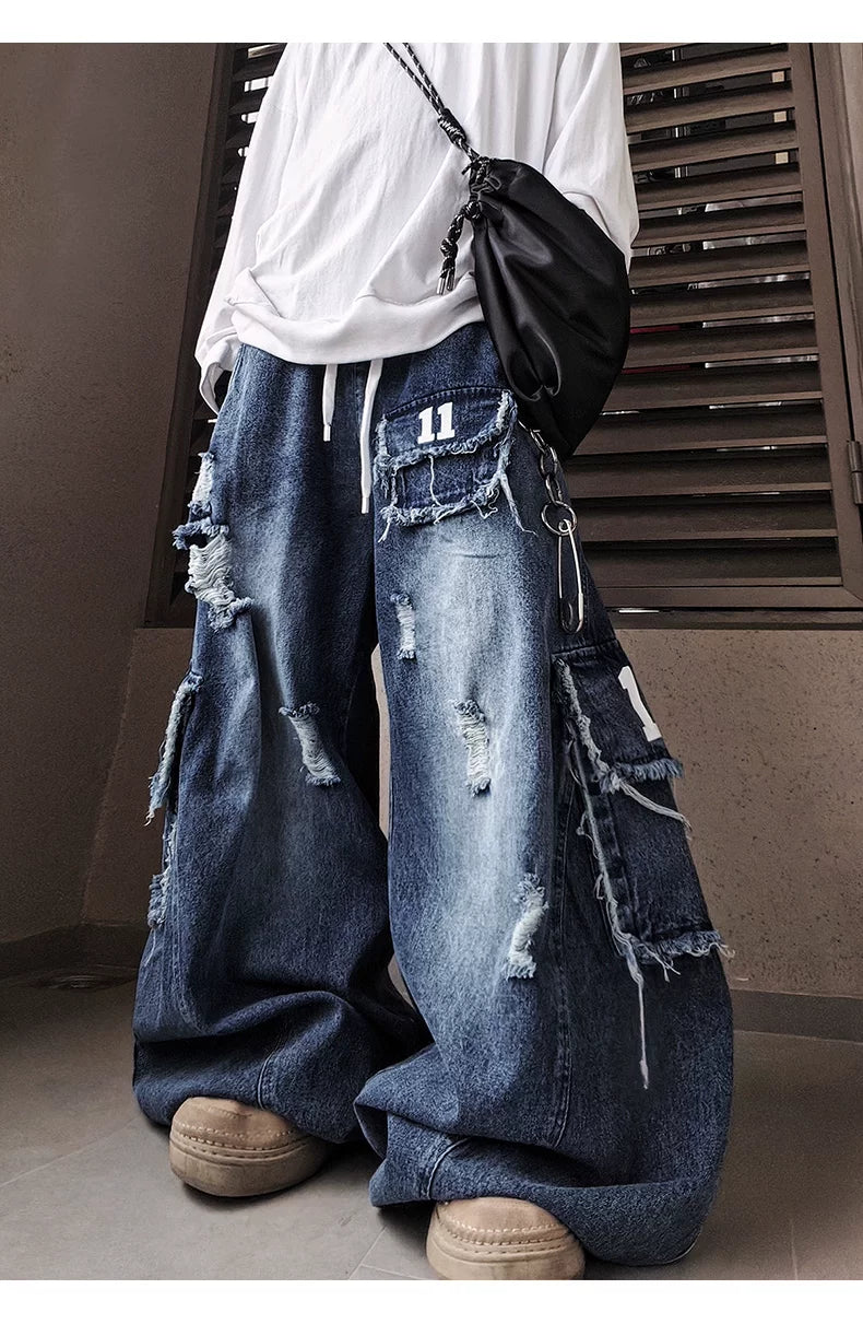 Wide-leg distressed jeans outdoor styling view