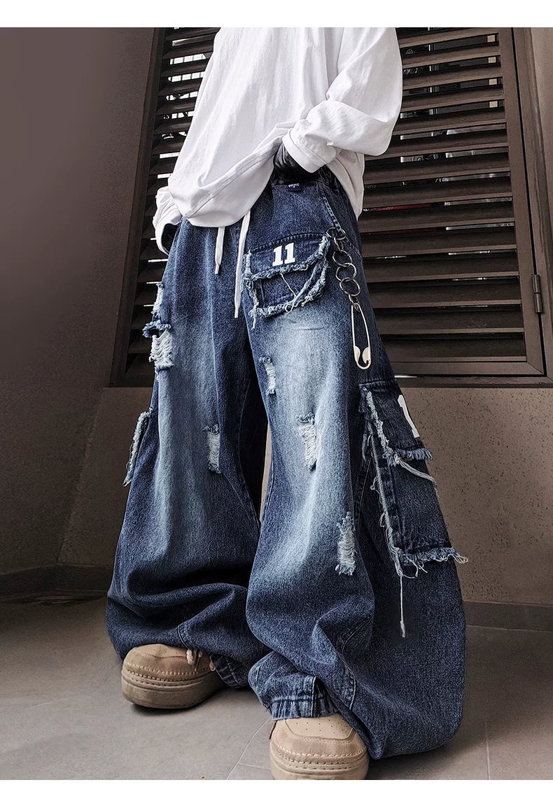 Blue floor-length wide-leg jeans rear styling view