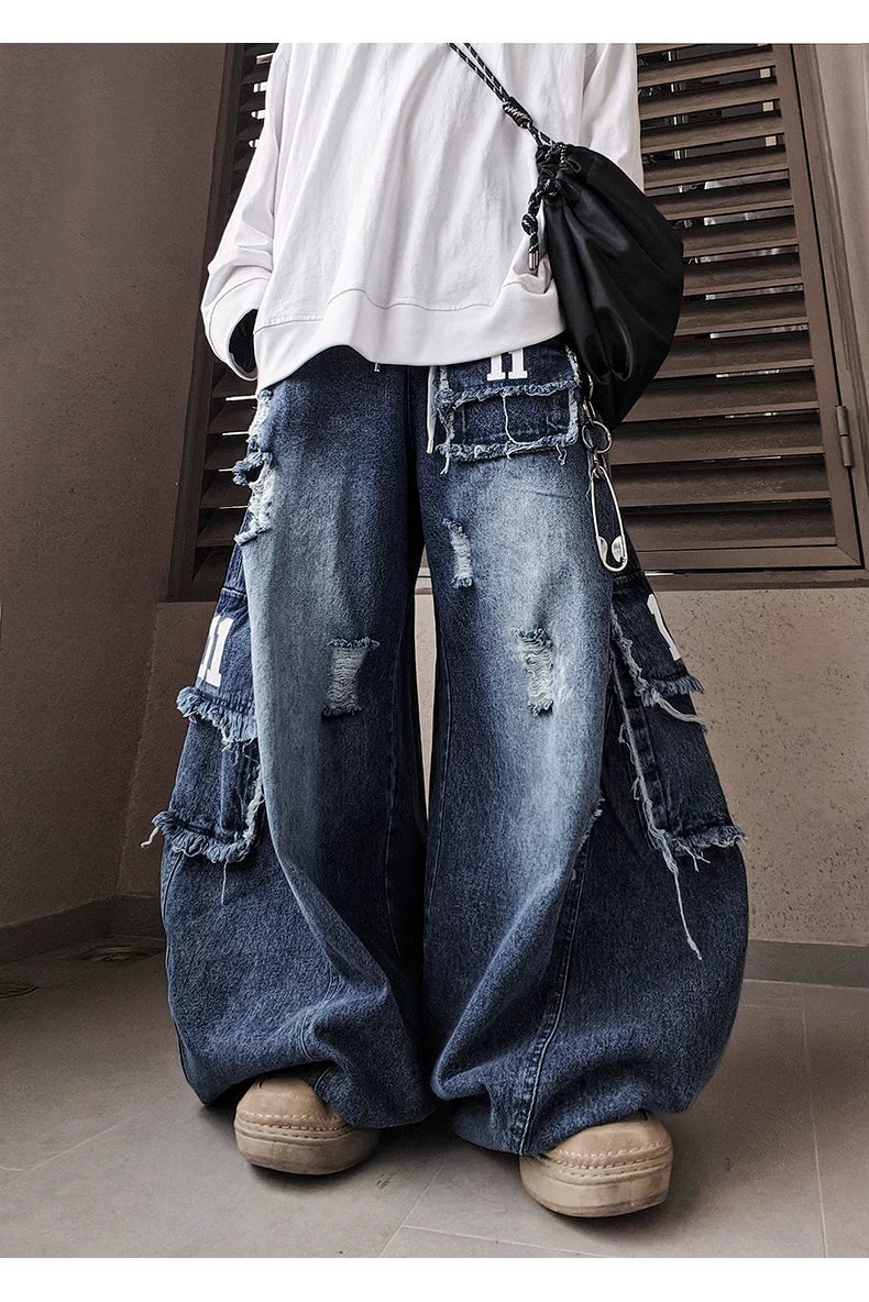 Oversized blue jeans full-length outdoor view