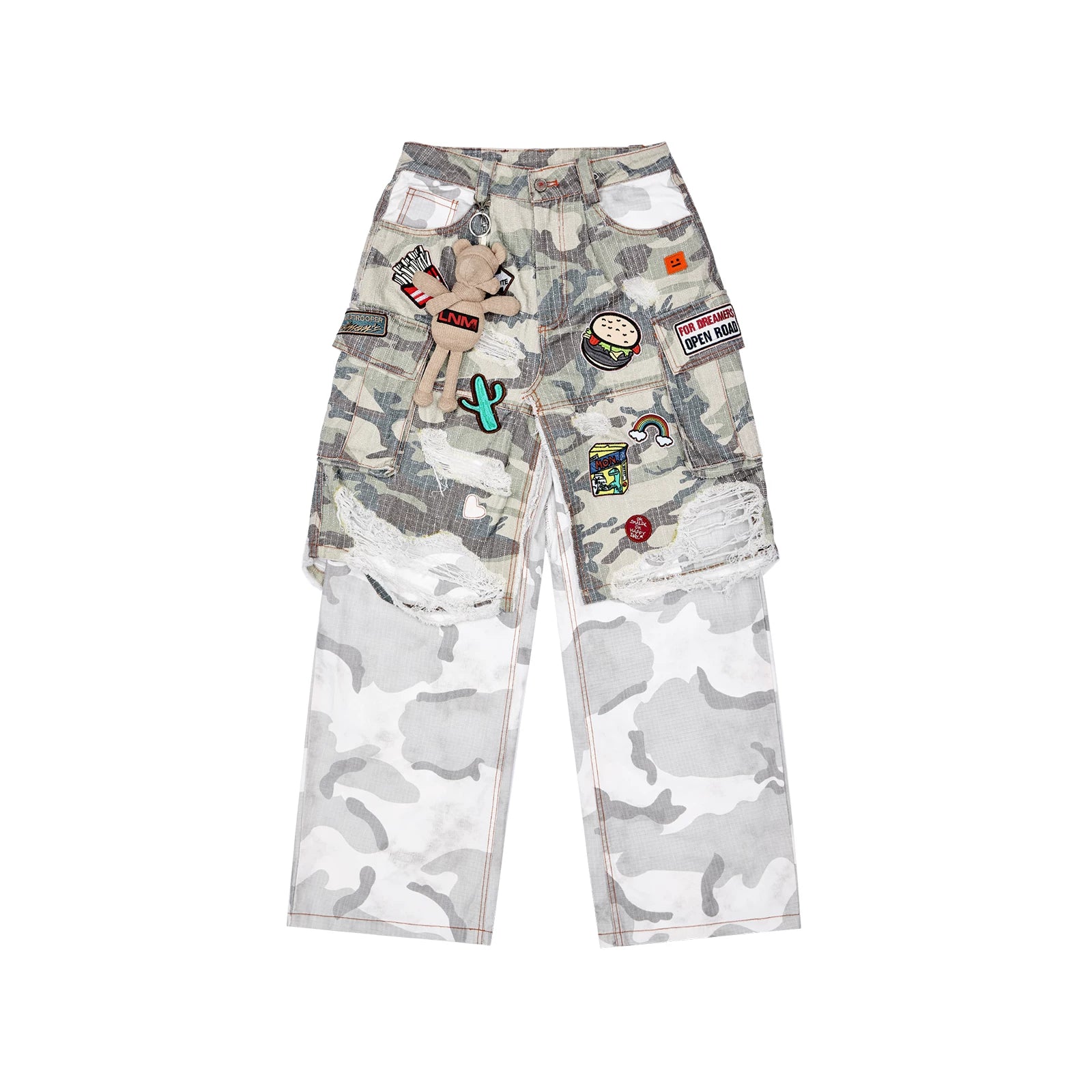Distressed patchwork camouflage cargo pants front view