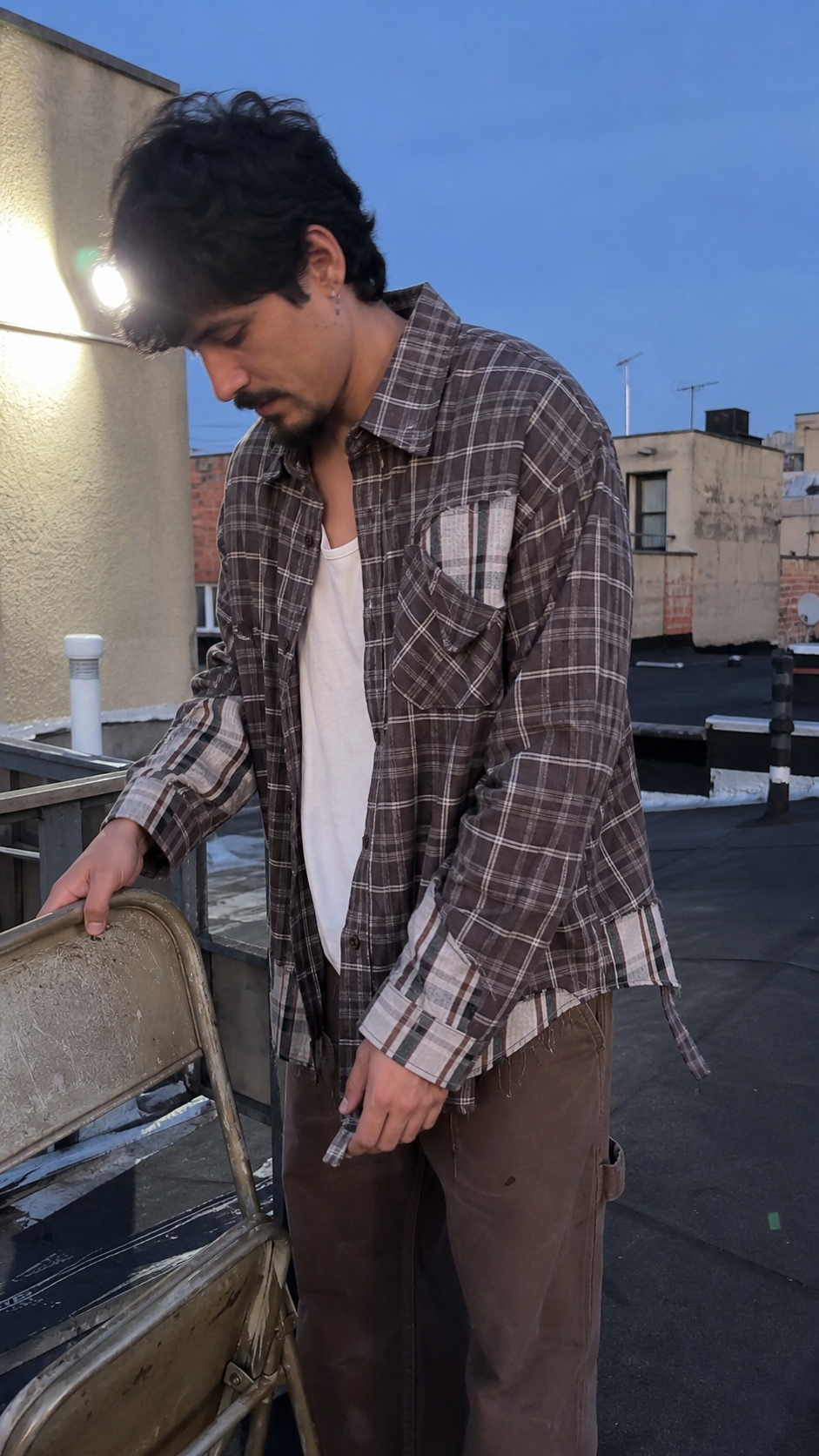 Distressed Patchwork Check Shirt UGC rooftop dusk