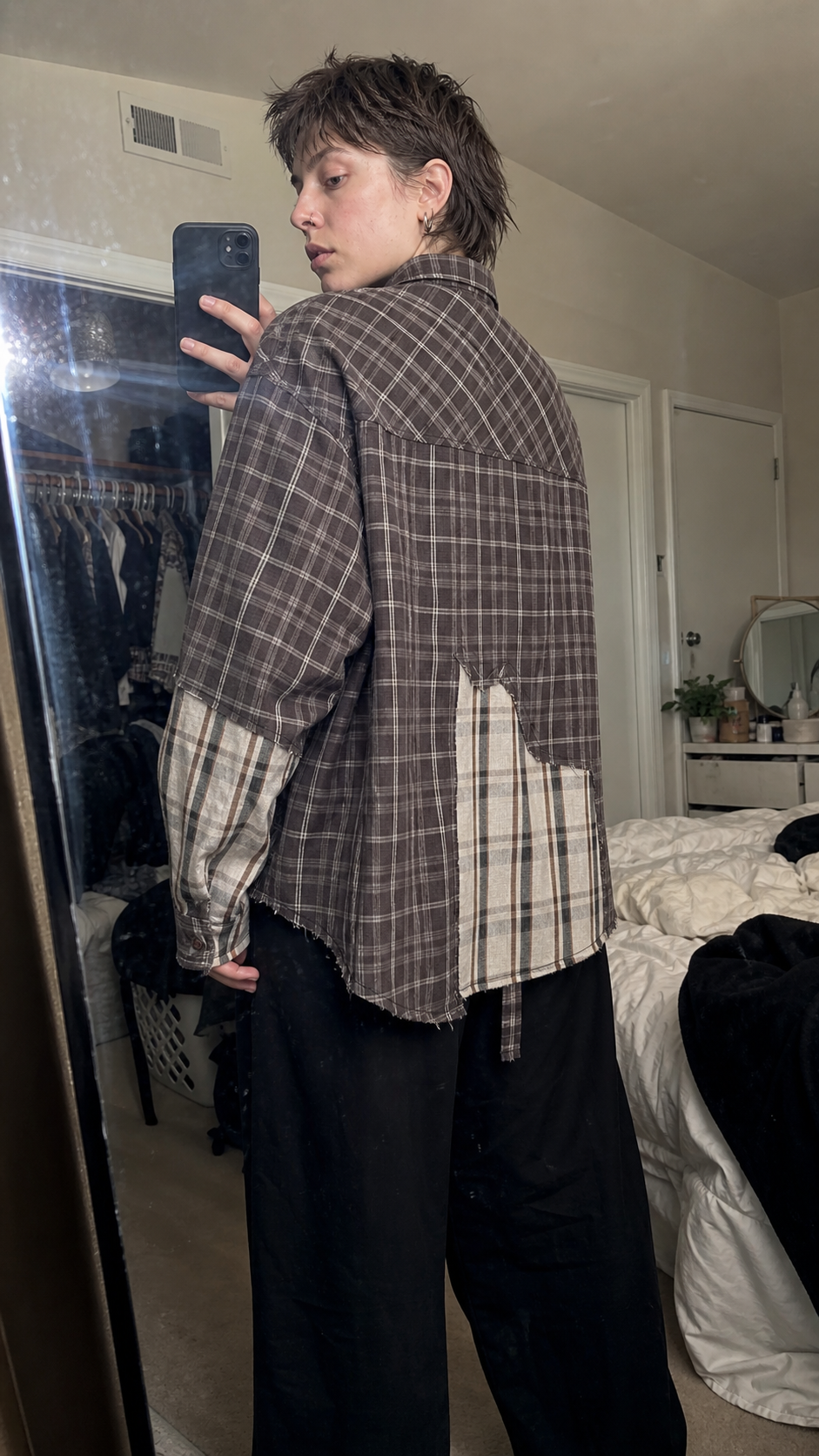 Distressed Patchwork Check Shirt UGC bedroom back view