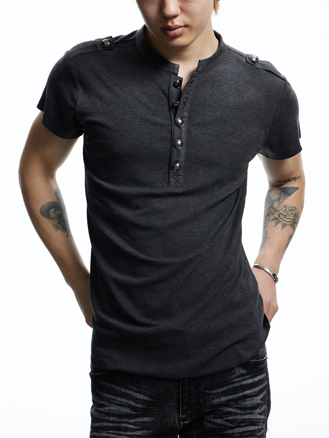 Metal-Button Henley Knit T-Shirt - View 7