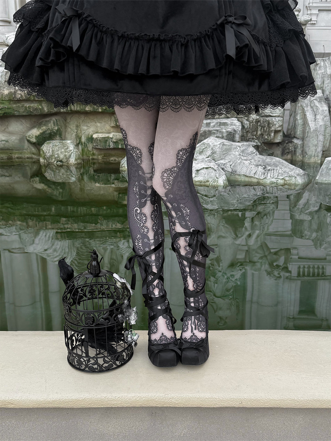 Satin Ribbon-Lace 9cm Platform Pumps - View 4