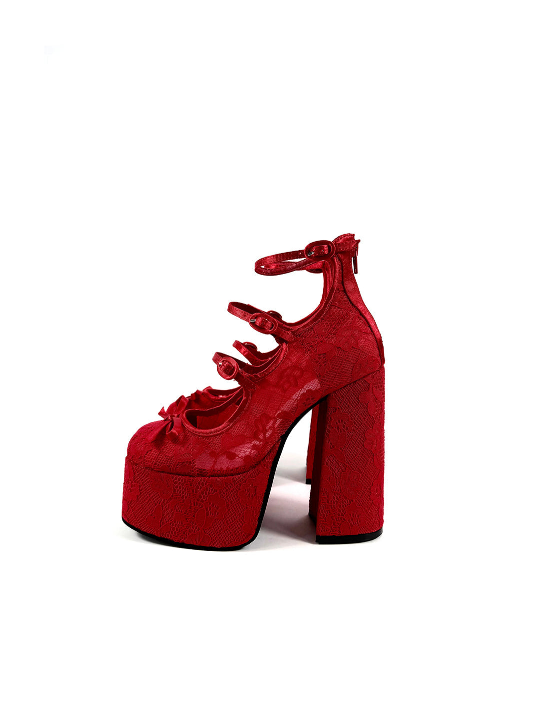 Red Lace-Up Platform Block Heels