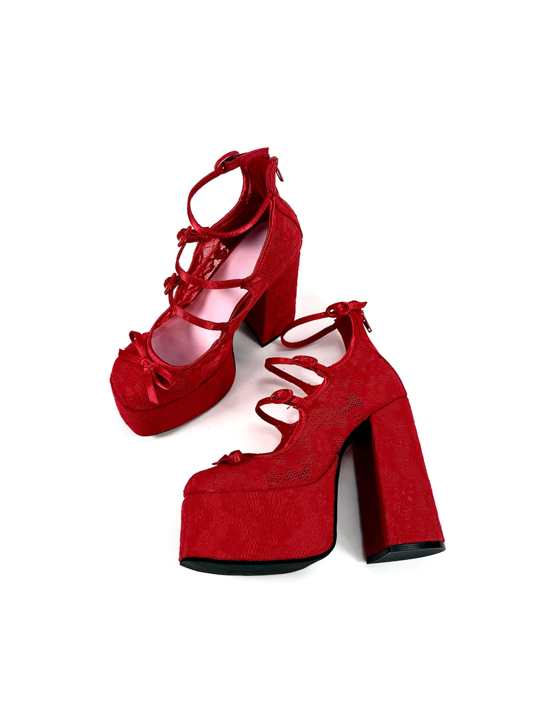 Red Lace-Up Platform Block Heels - View 5