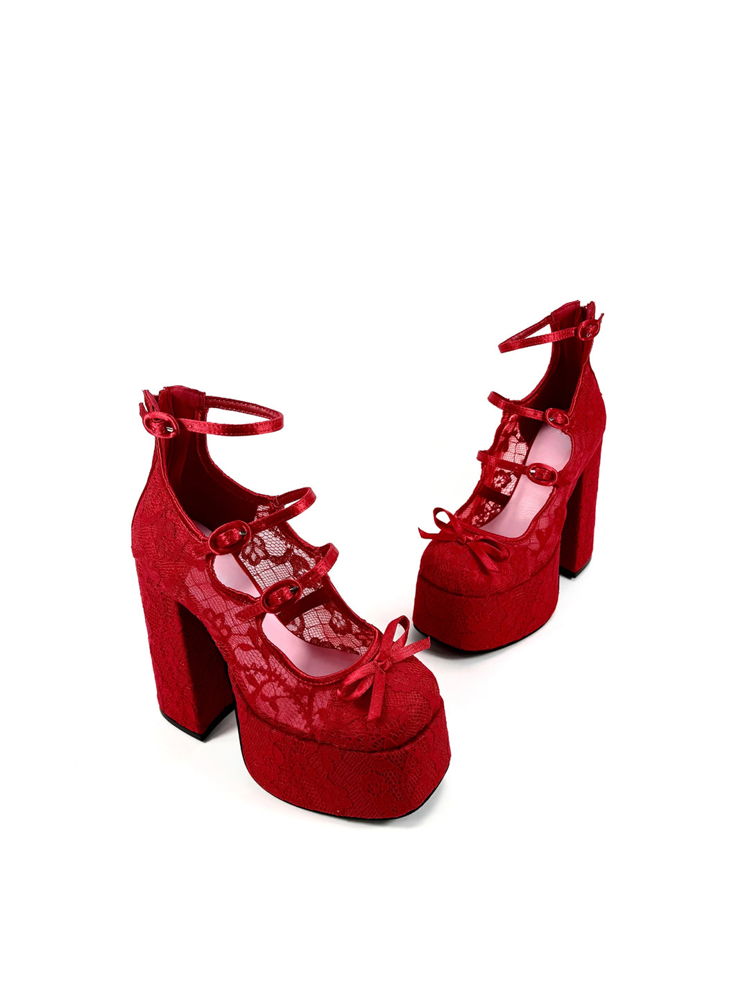 Red Lace-Up Platform Block Heels - View 6