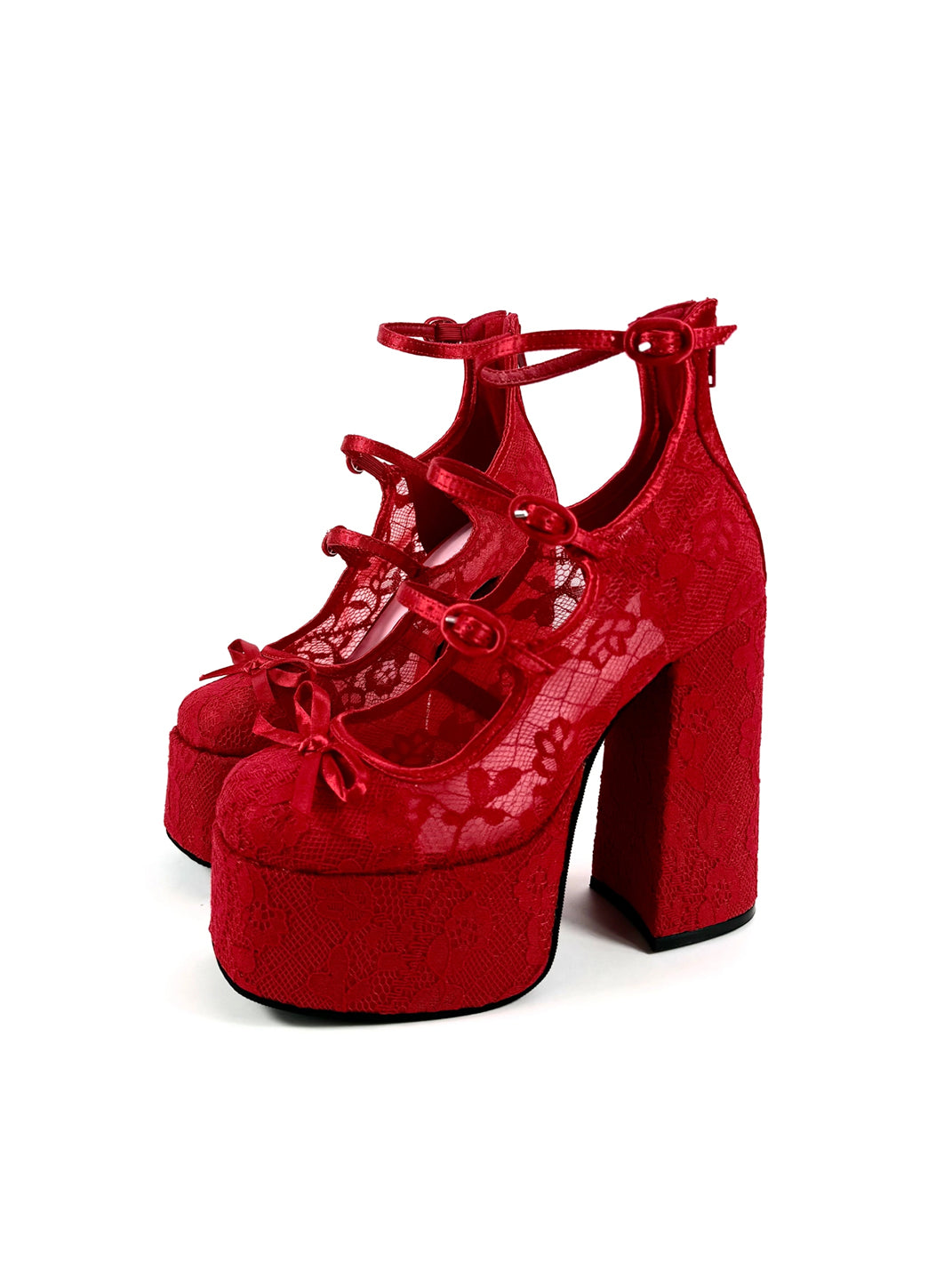 Red Lace-Up Platform Block Heels - View 7