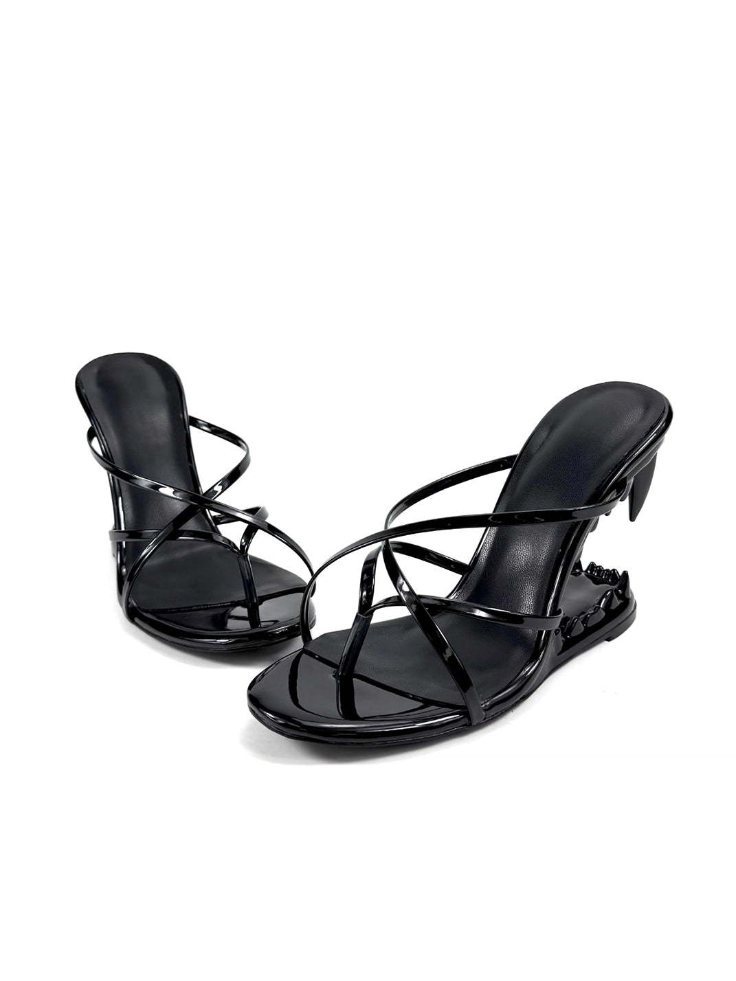 Black Sculpted-Tooth Open-Toe Mules - View 8