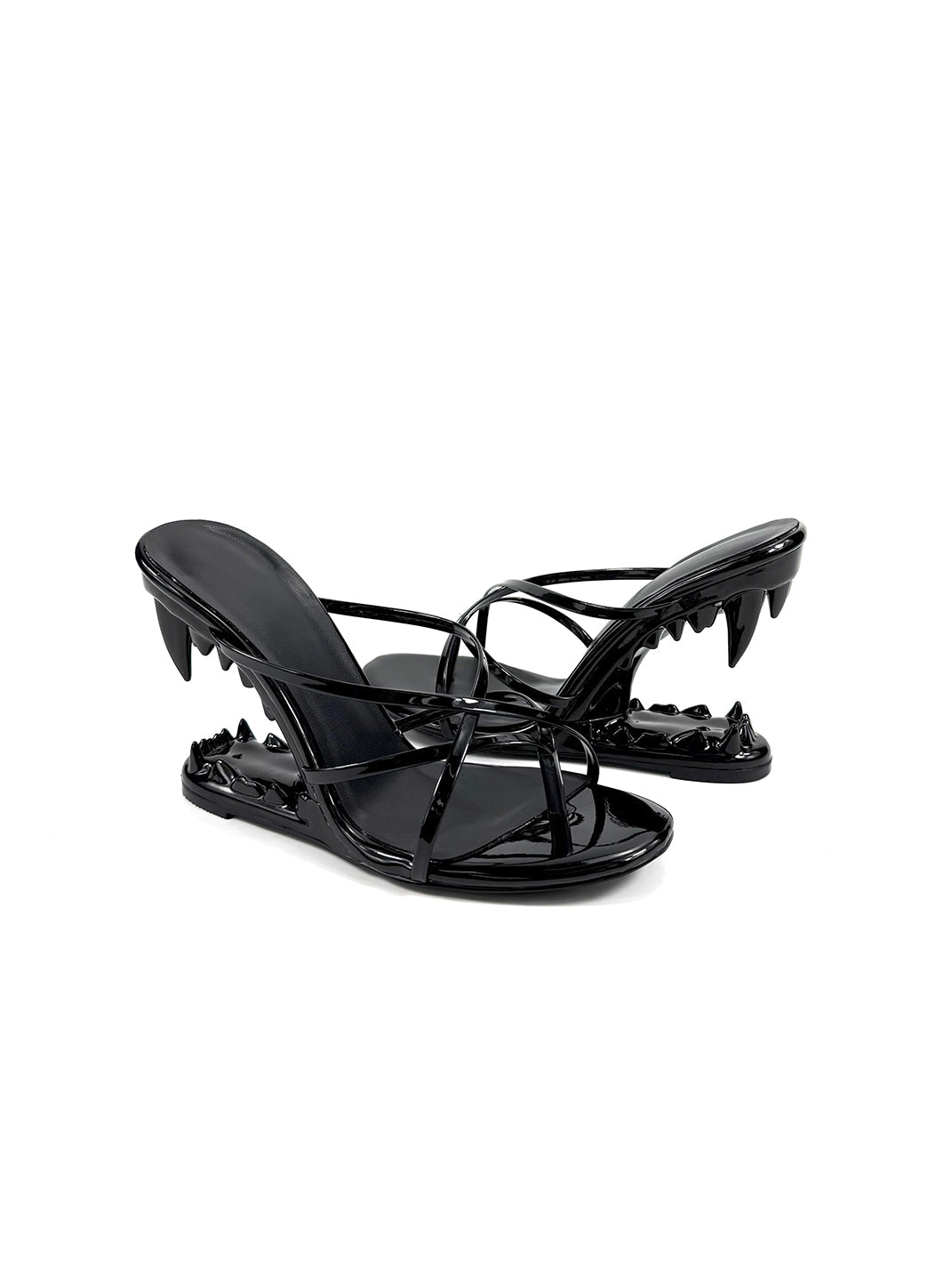 Black Sculpted-Tooth Open-Toe Mules - View 10