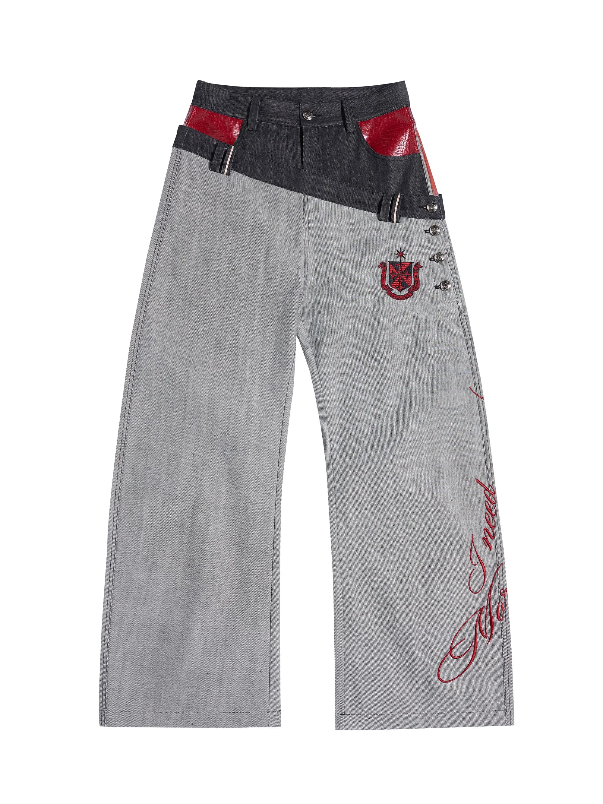 Double-waist gray curve-leg jeans front view