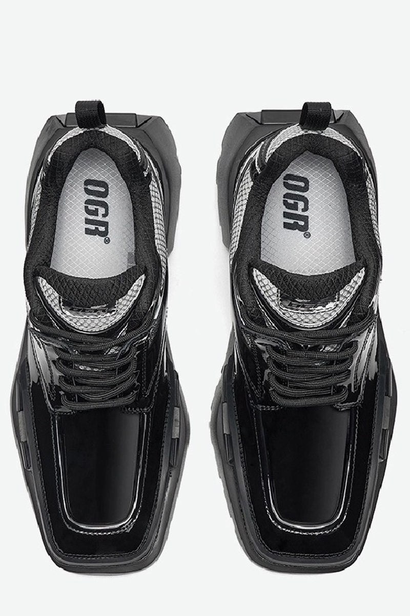 Square-Toe Patent Platform Chunky Sneakers