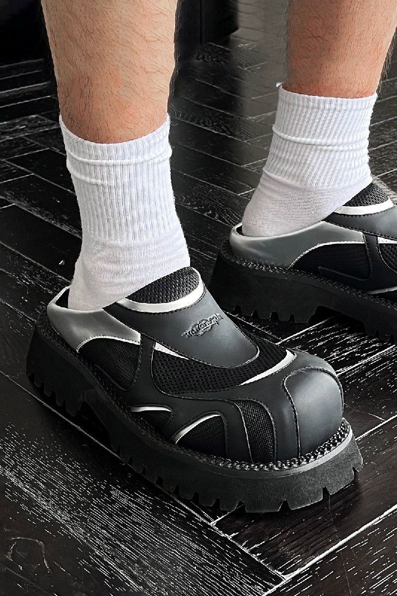 Black and Silver Mesh Platform Slip-Ons