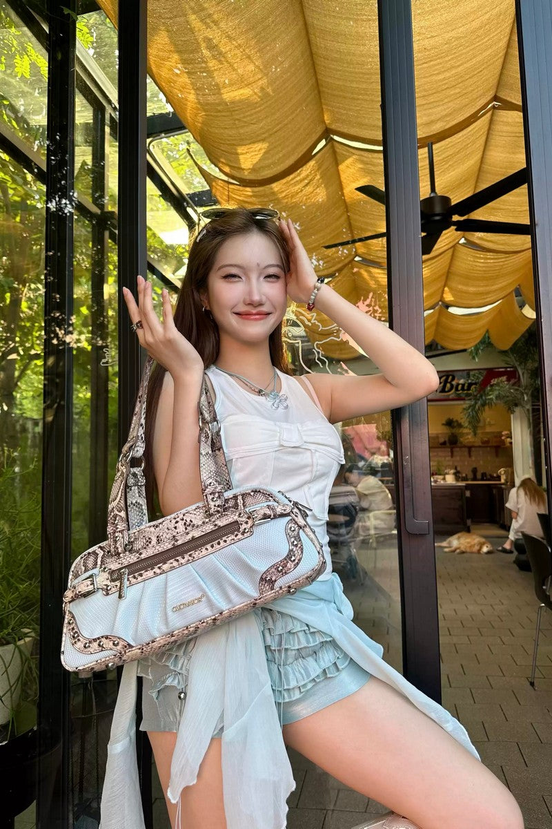 Snake Print Pleated Satchel Bag
