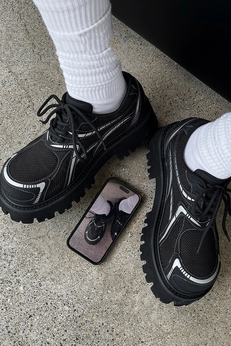 Black Mesh Platform Sneakers with White Accents