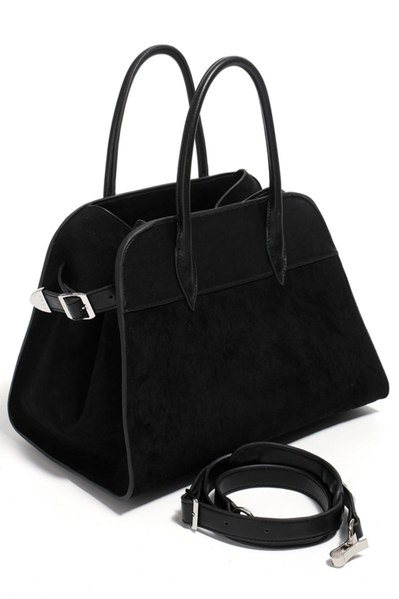 Luxe Patchwork Suede Tote - Black Elegant Handbag with Dual Handles