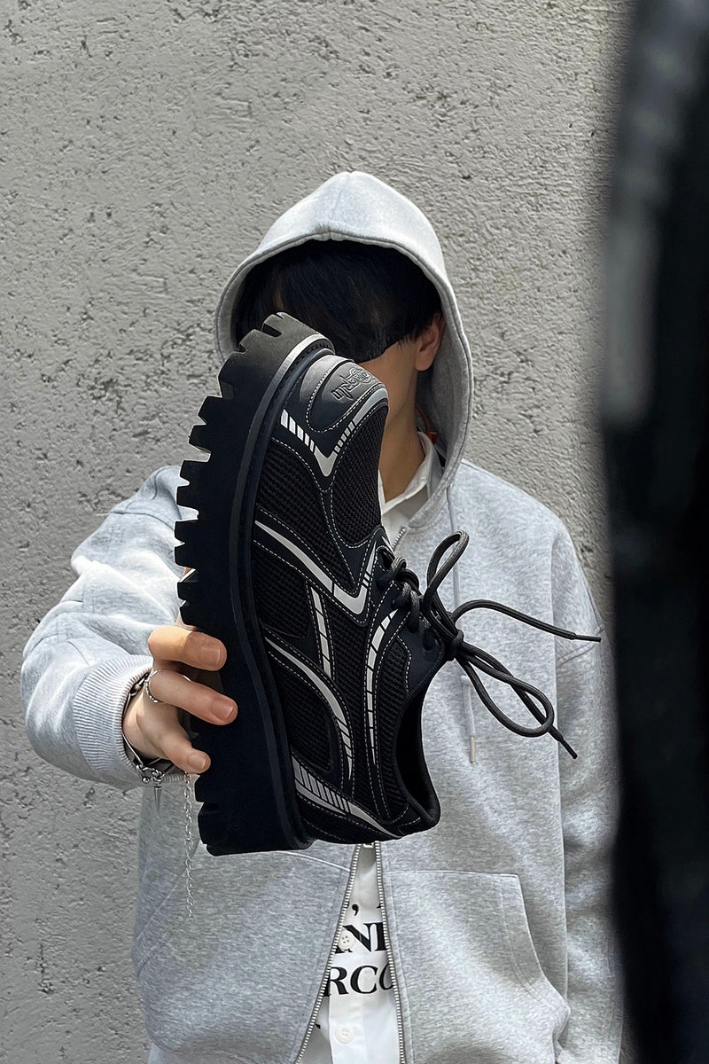 Black Mesh Platform Sneakers with White Accents
