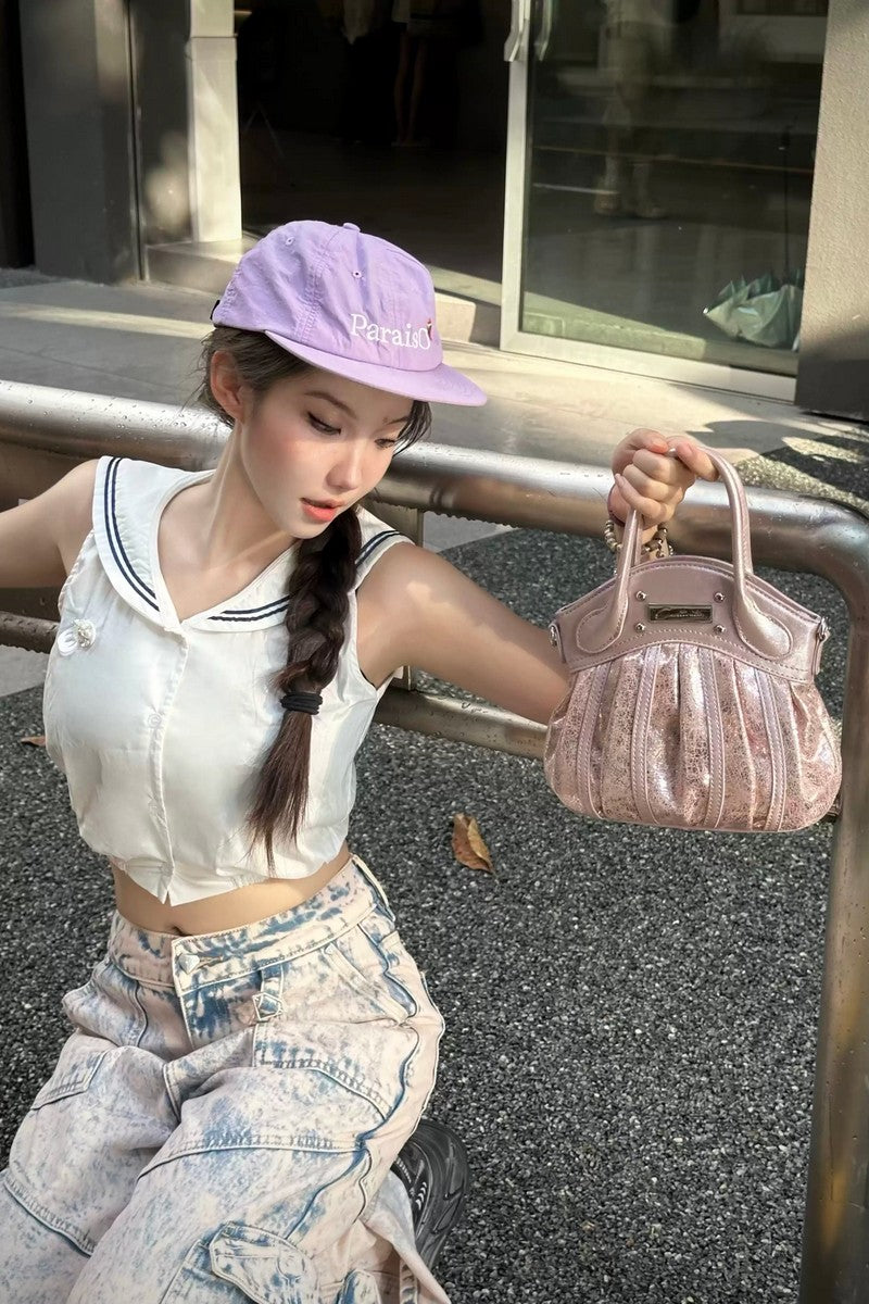 Metallic Pleated Satchel Handbag