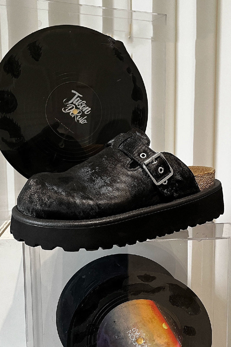 Distressed Black Platform Clogs