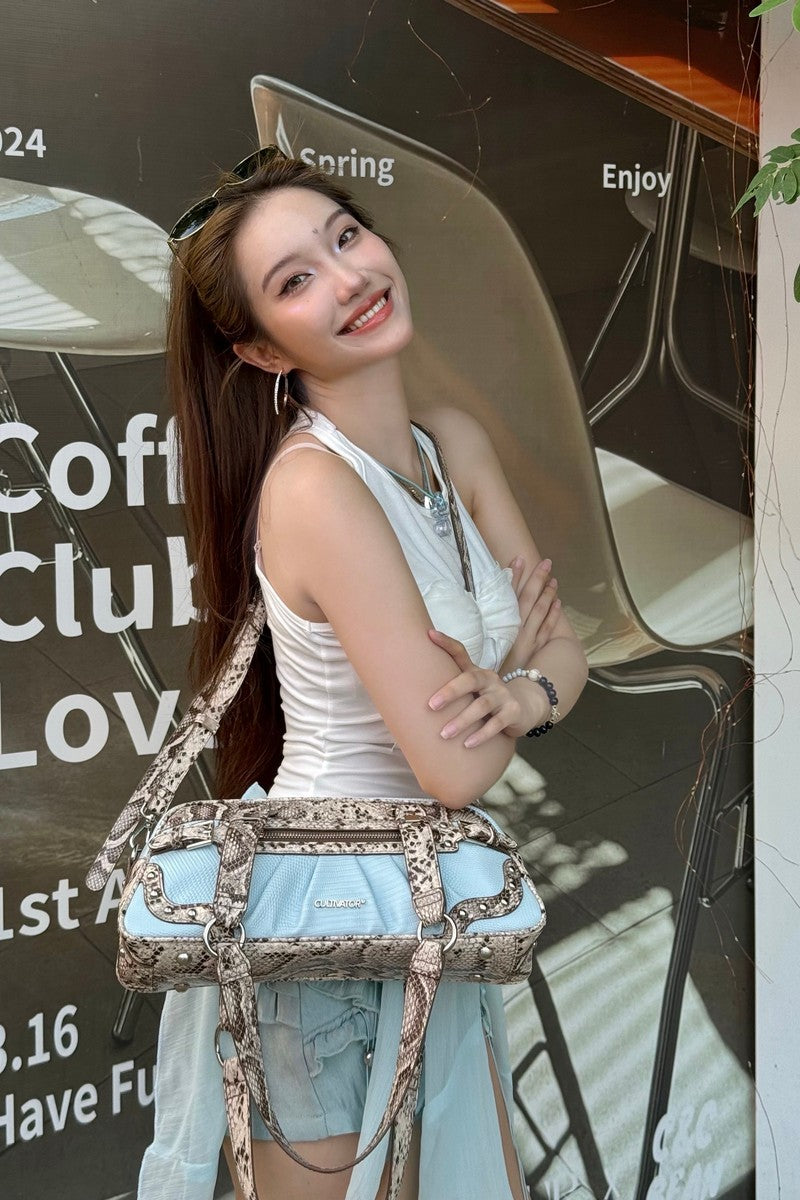 Snake Print Pleated Satchel Bag