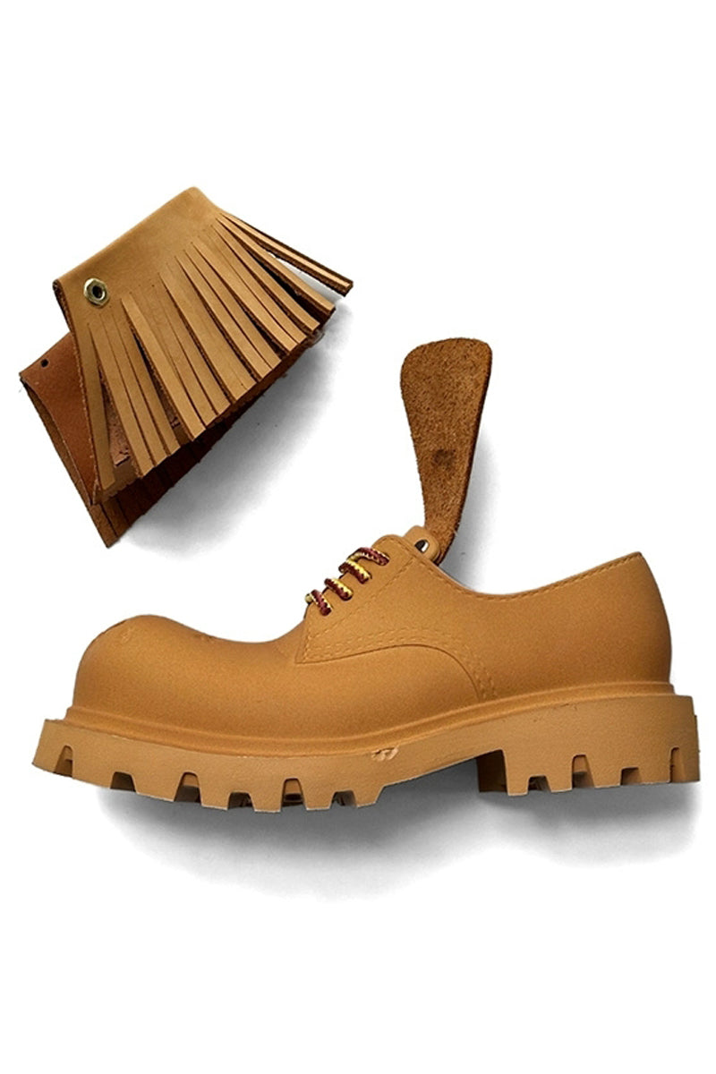 Tan Leather Platform Derby Shoes with Fringe Detail and Lug Sole