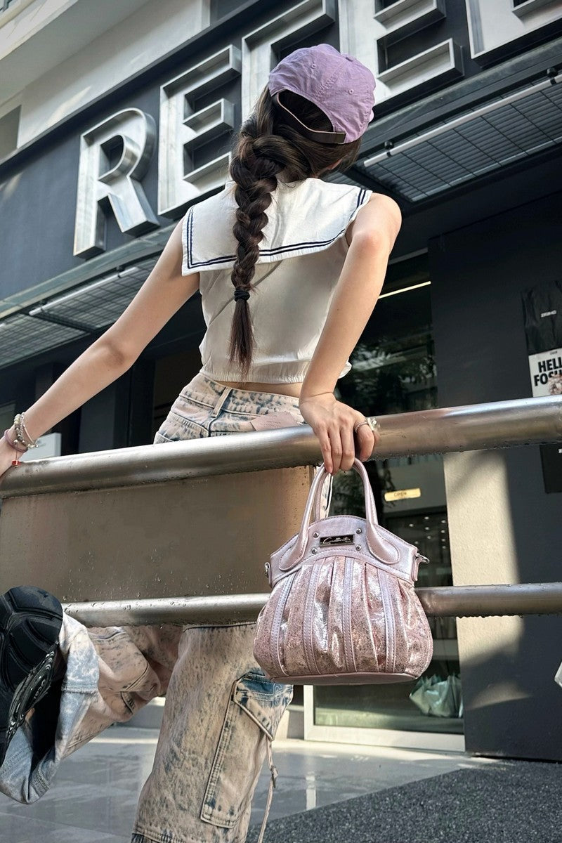 Metallic Pleated Satchel Handbag