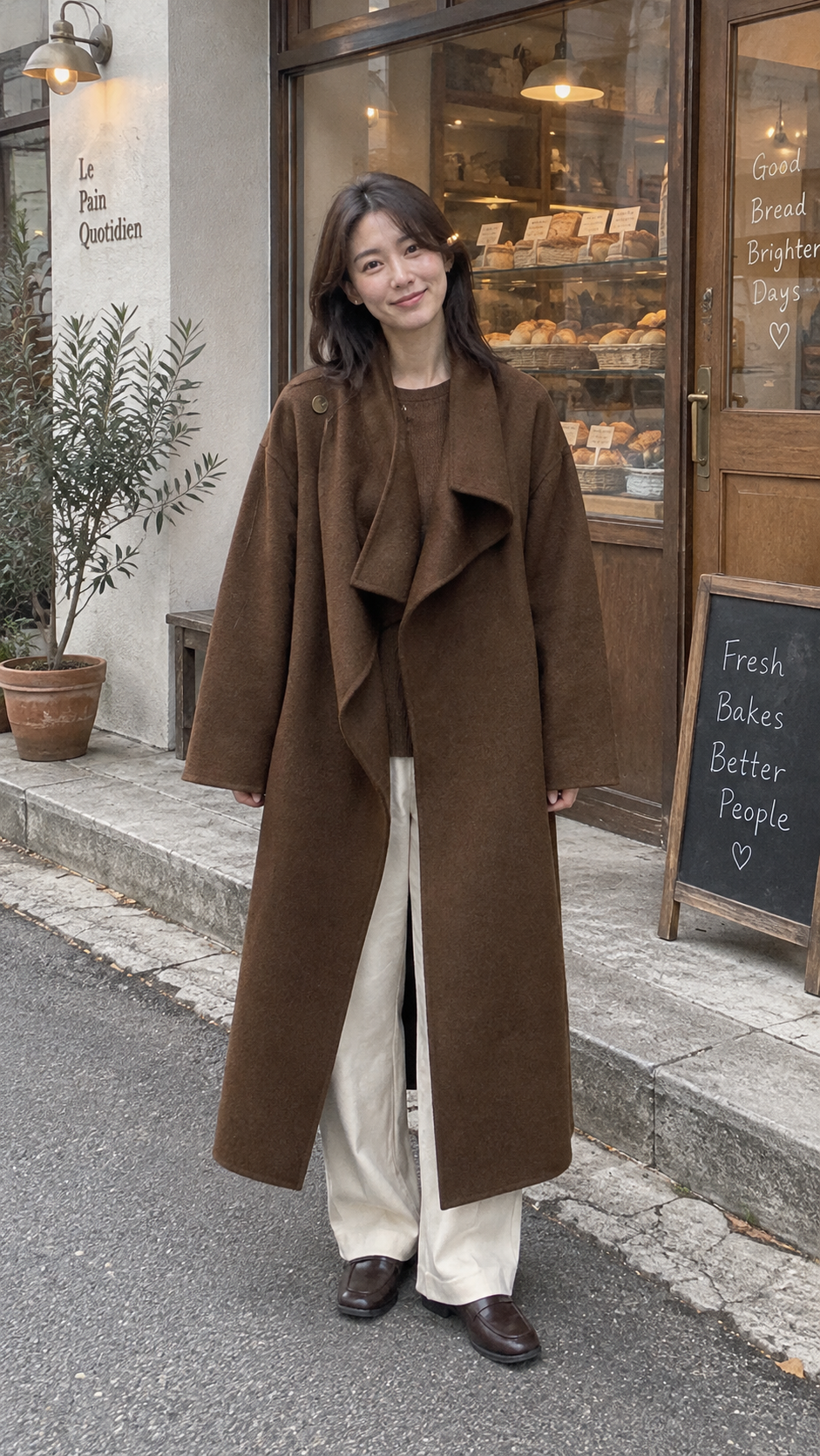 AI-styled look: Drape Longline Overcoat, Coffee Long — Bakery sidewalk