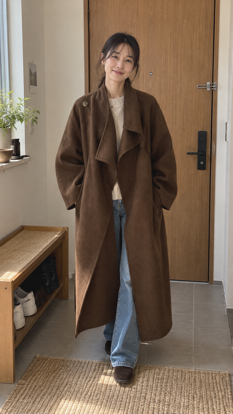 AI-styled look: Drape Longline Overcoat, Coffee Long — Apartment entrance