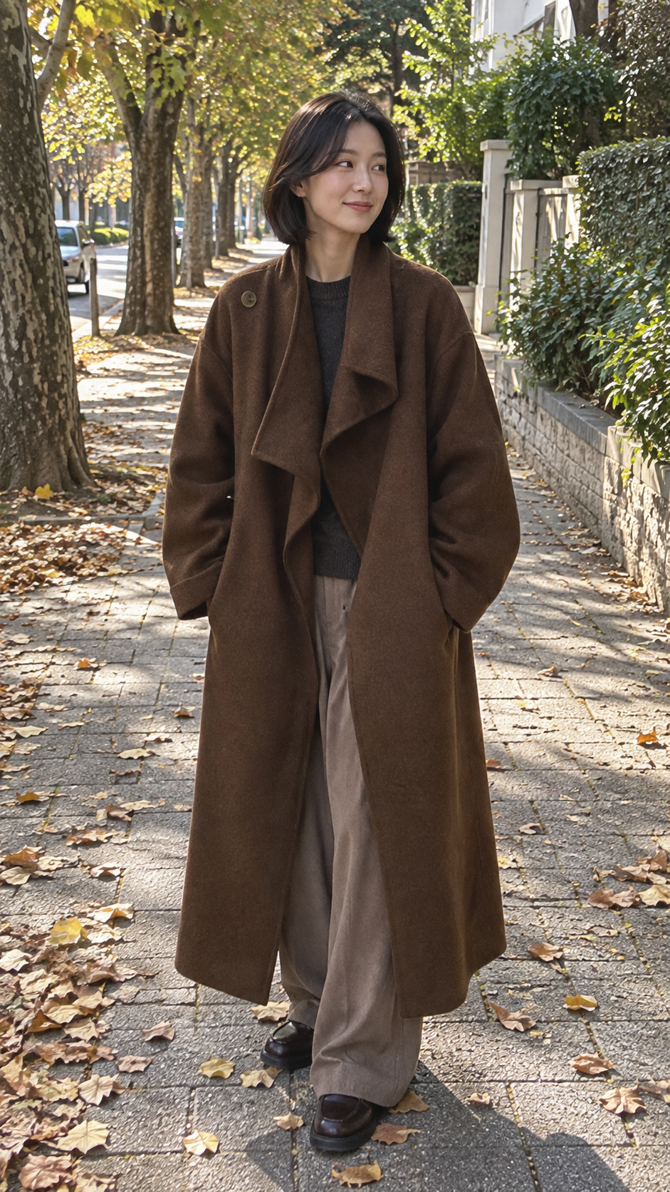 AI-styled look: Drape Longline Overcoat, Coffee Long — Autumn pavement
