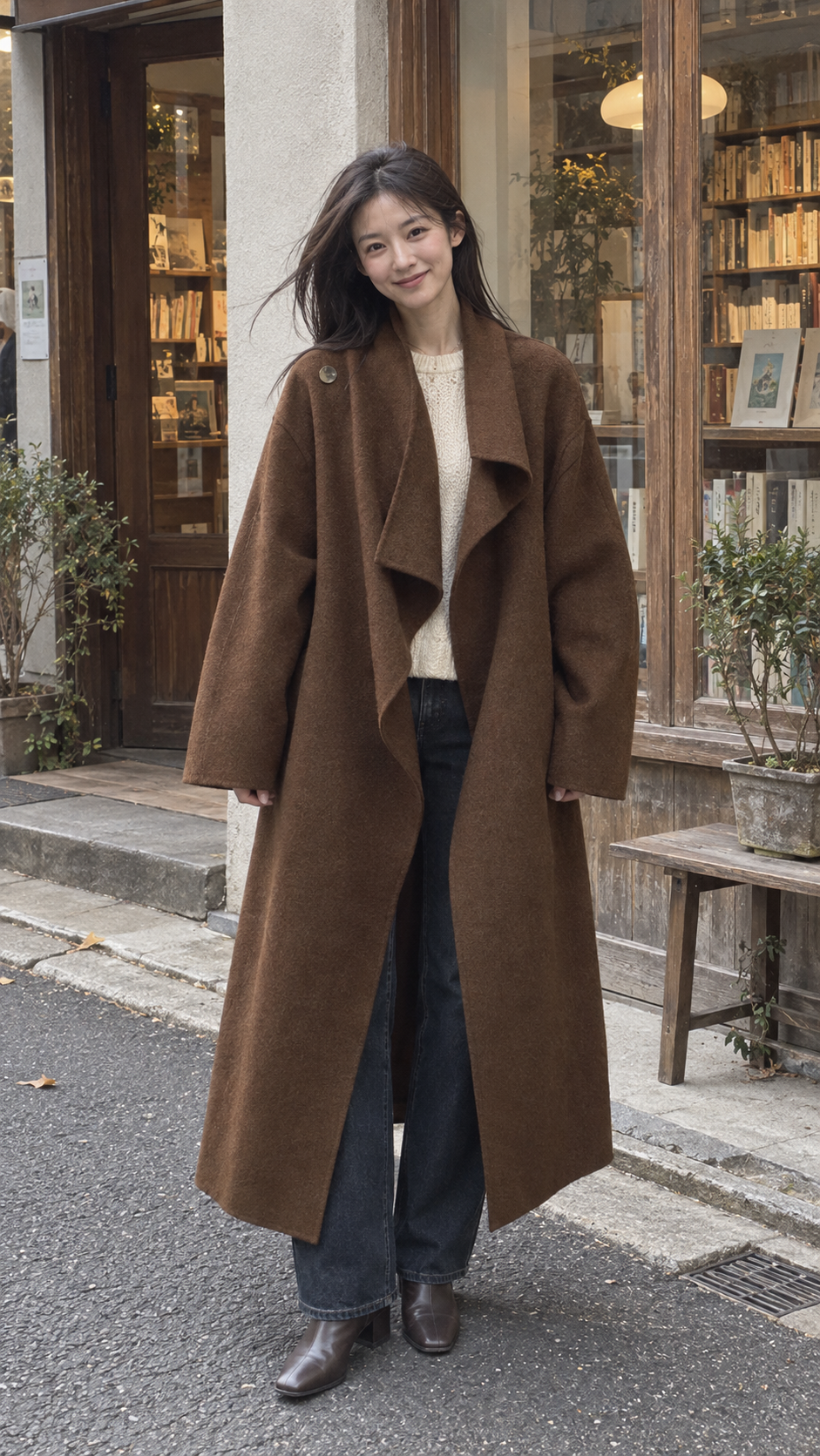 AI-styled look: Drape Longline Overcoat, Coffee Long — Bookshop visit
