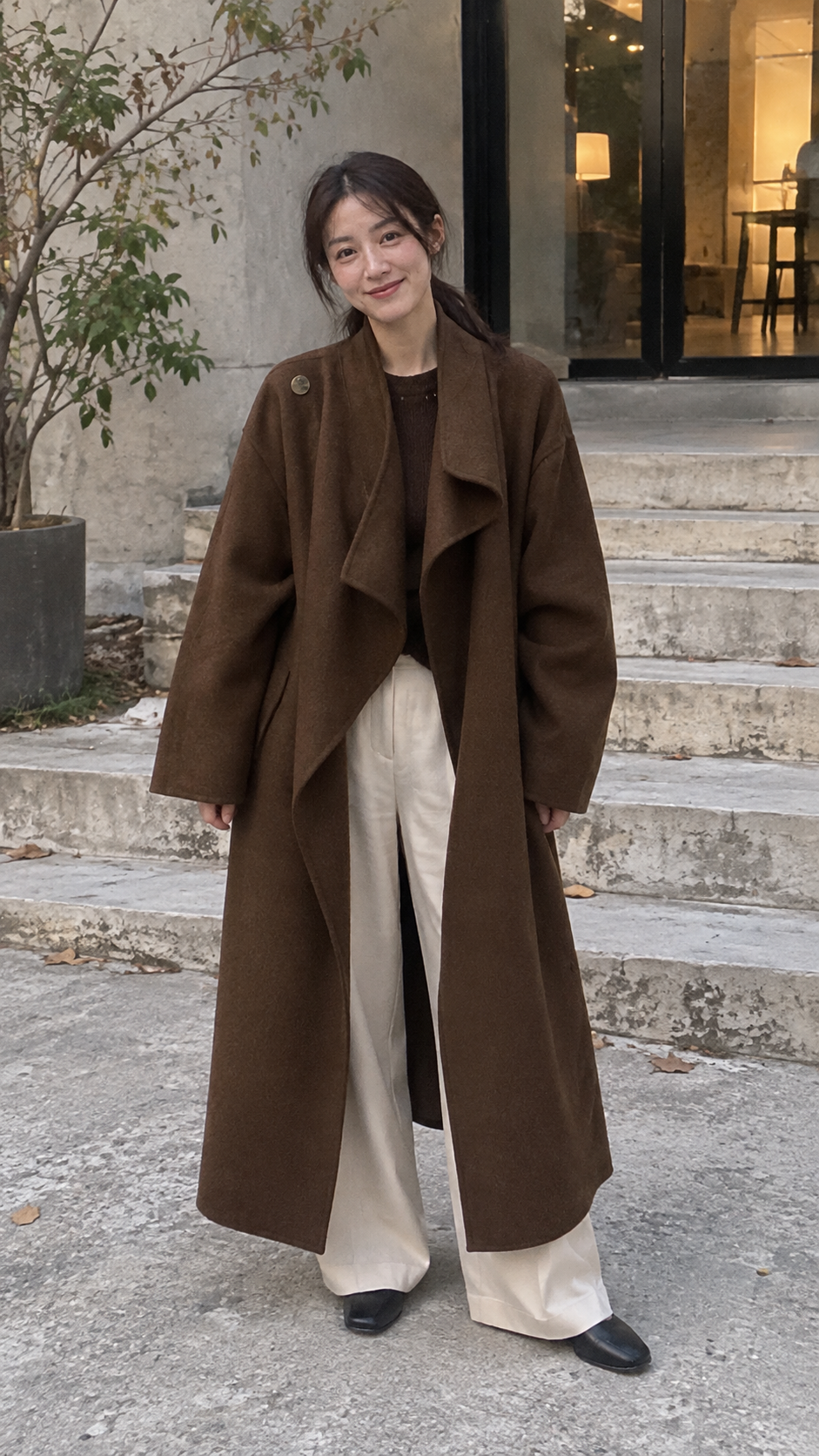 AI-styled look: Drape Longline Overcoat, Coffee Long — Courtyard