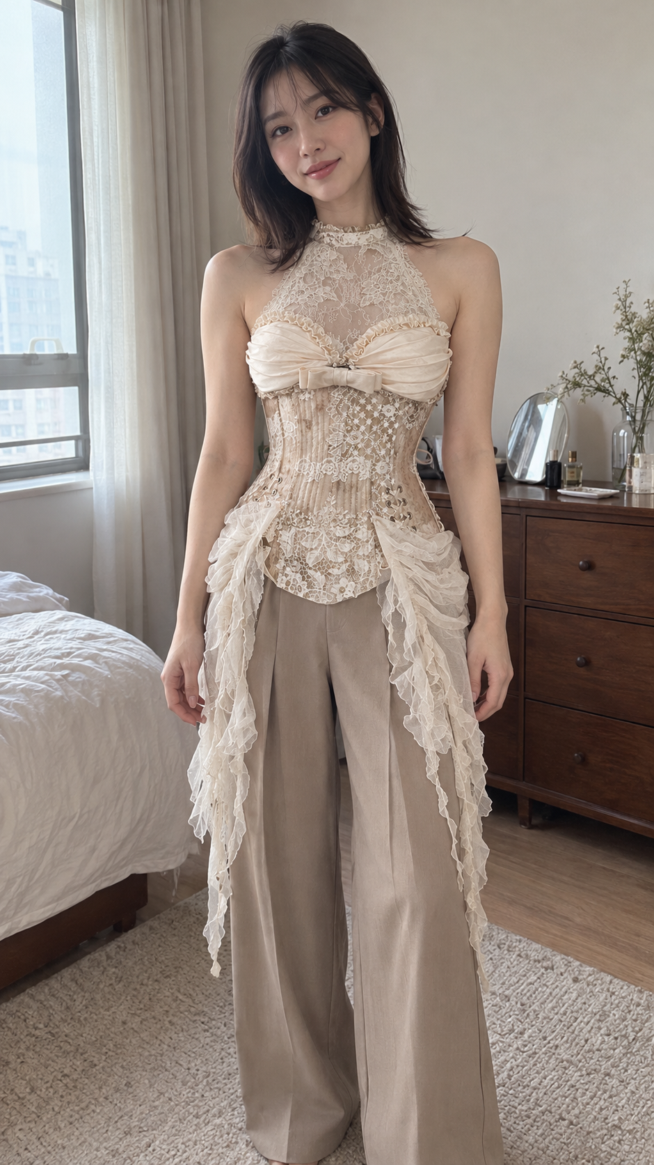AI-styled showcase: Ivory draped-bust floral lace corset styled with separate taupe trousers — getting ready