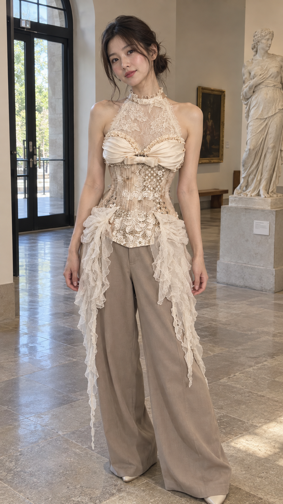 AI-styled showcase: Ivory draped-bust floral lace corset styled with separate taupe trousers — gallery visit