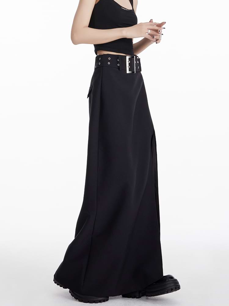 Maxi Skirt with Side Slit and Grommet Belt