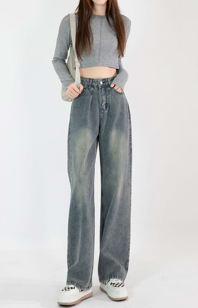 High-Waisted Faded Wide Leg Jeans