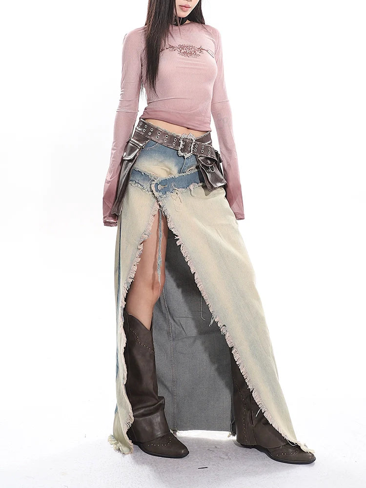 Distressed Denim Cowgirl Slit Skirt