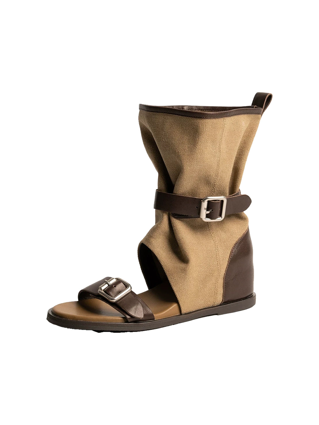 Buckled Canvas Open-Toe Slouch Ankle Boots - view 1