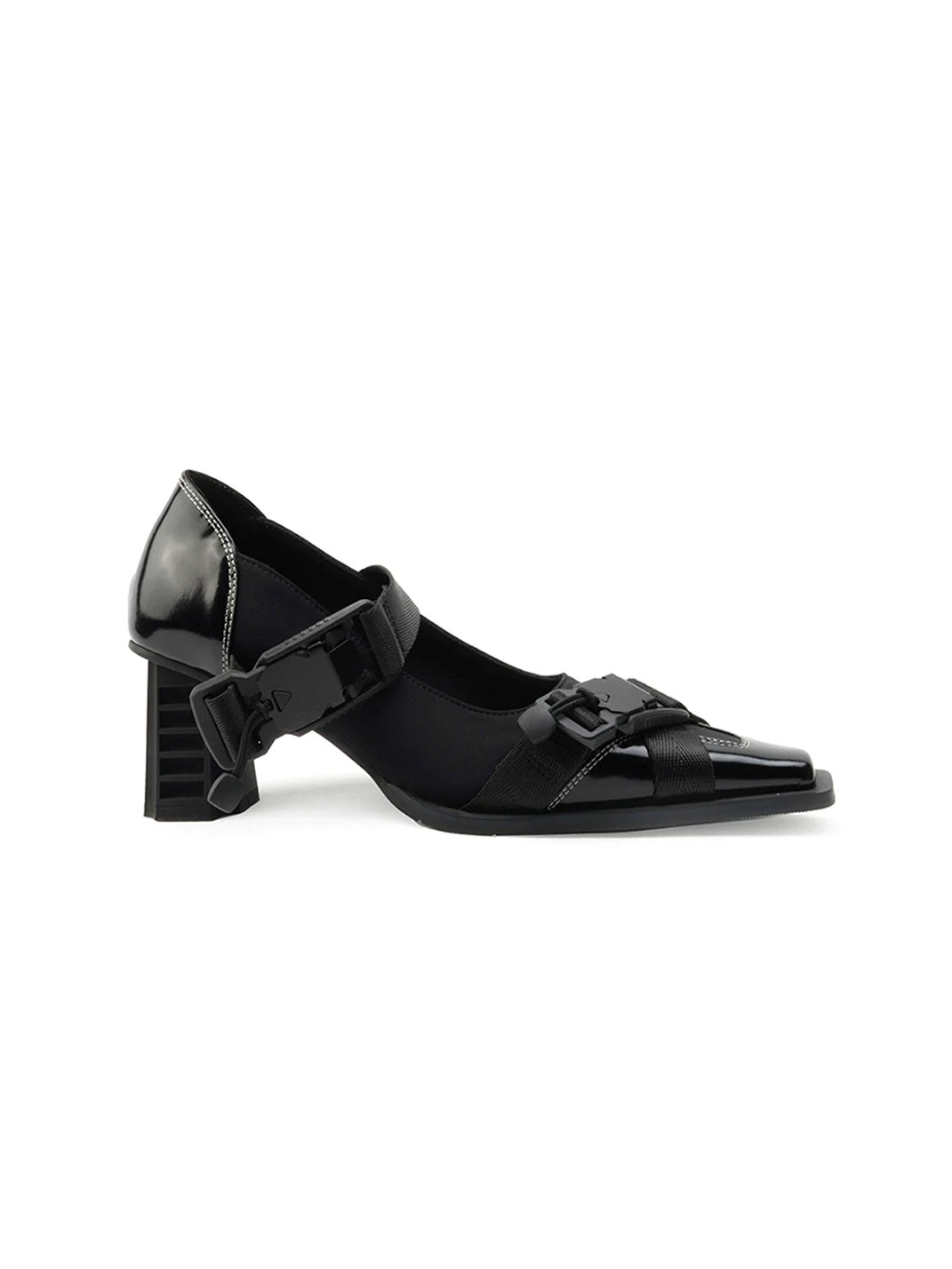 Contrast-Stitch Double-Strap Square-Toe Heels - view 2