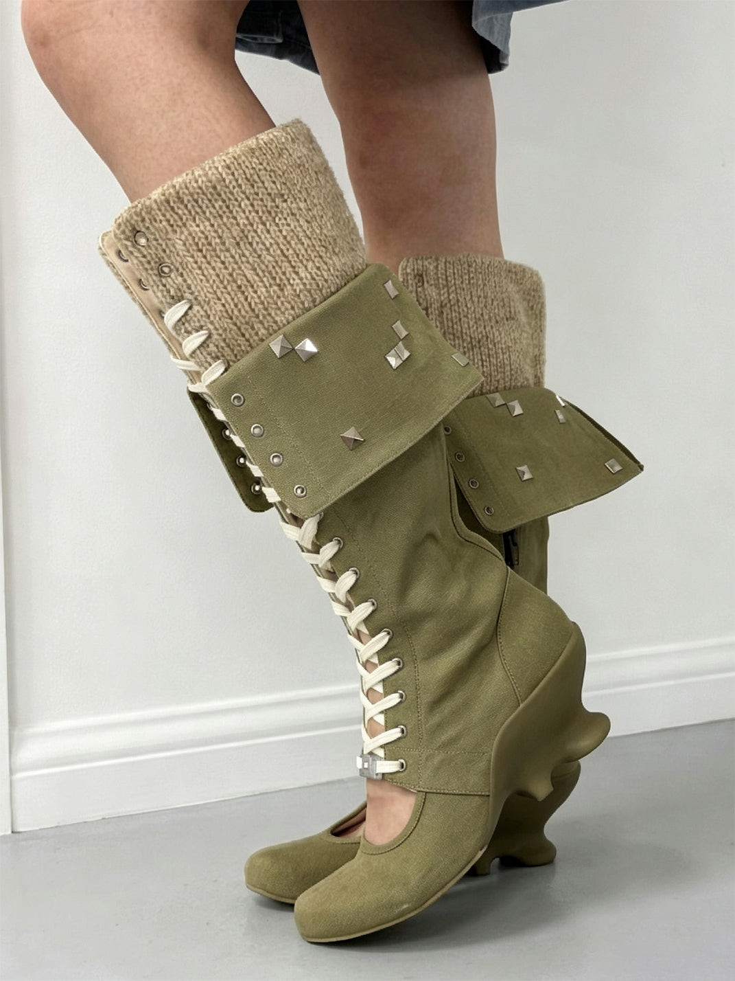 Layered Foldover Lace-Up Wedge Knee Boots - view 5