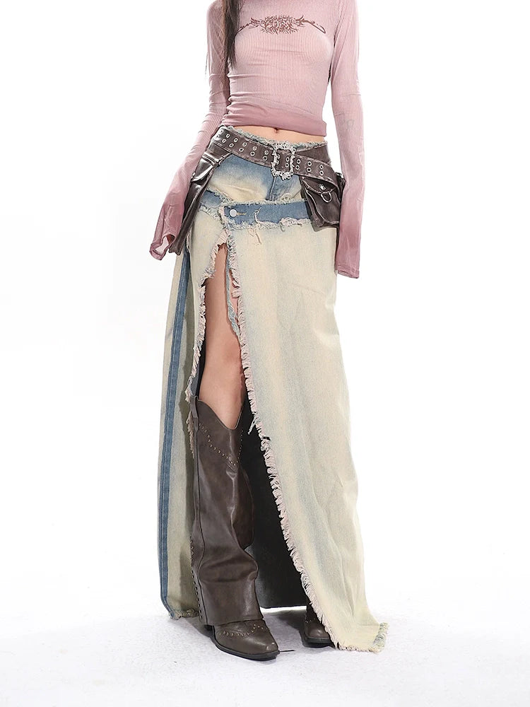 Distressed Denim Cowgirl Slit Skirt