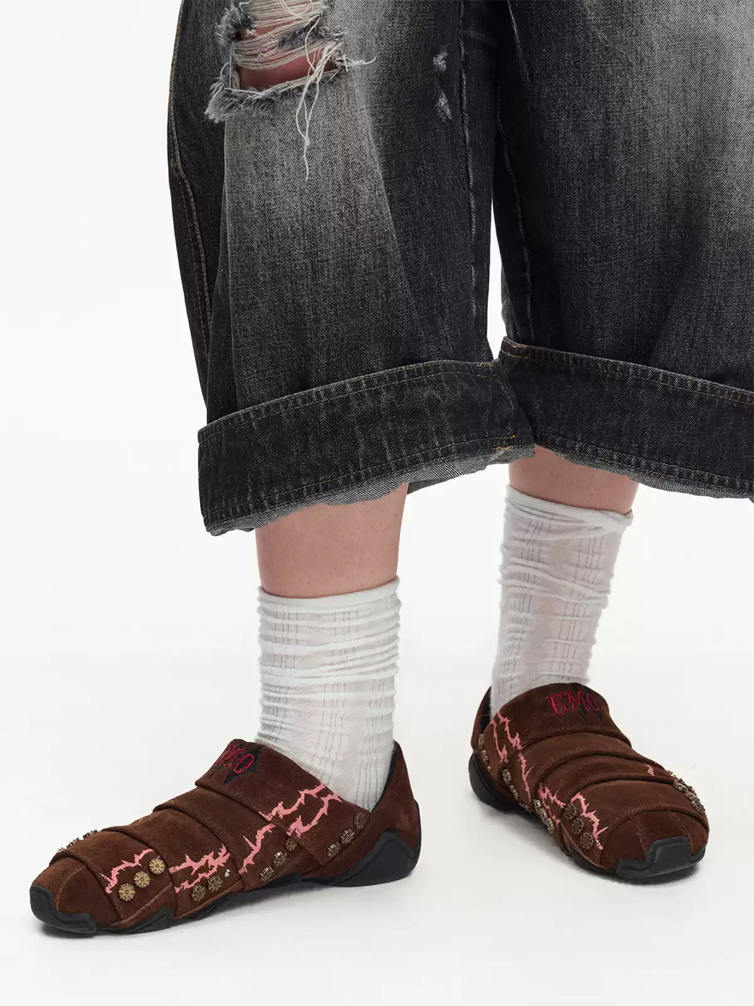 Embroidered Layered Suede Studded Mules - view 4