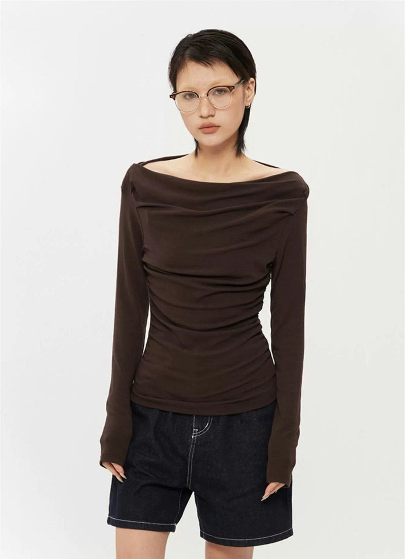 Shimmer Ruched Off-Shoulder High-Neck Top