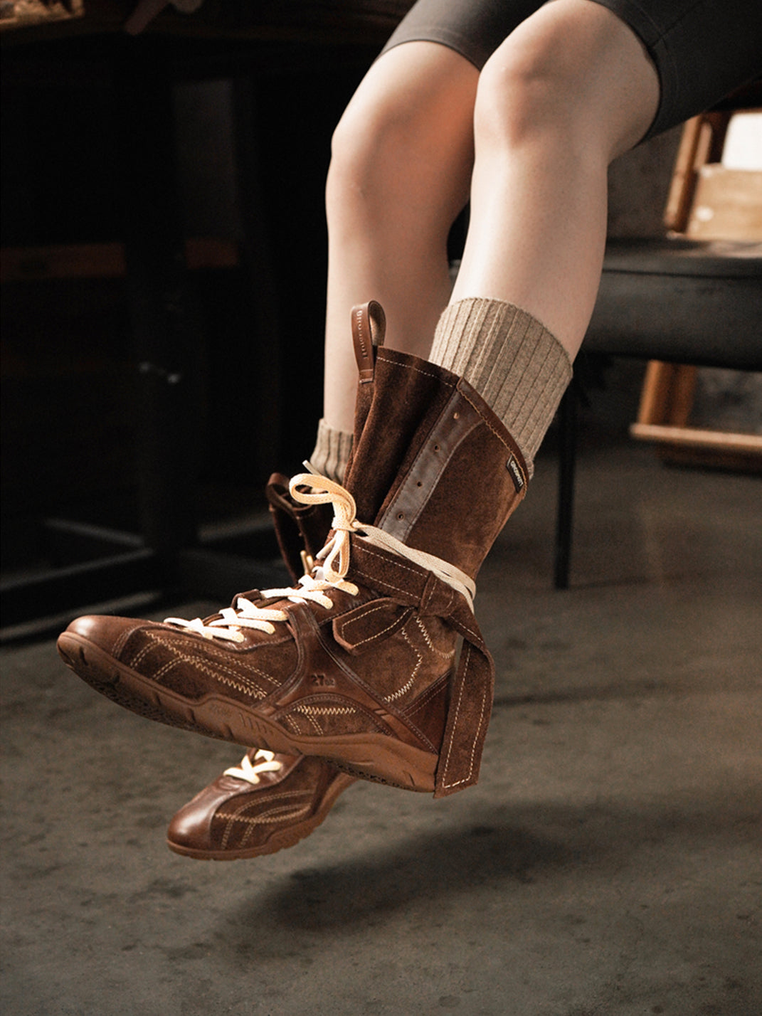 Asymmetric Foldover Lace-Up Calf Boots - View 2
