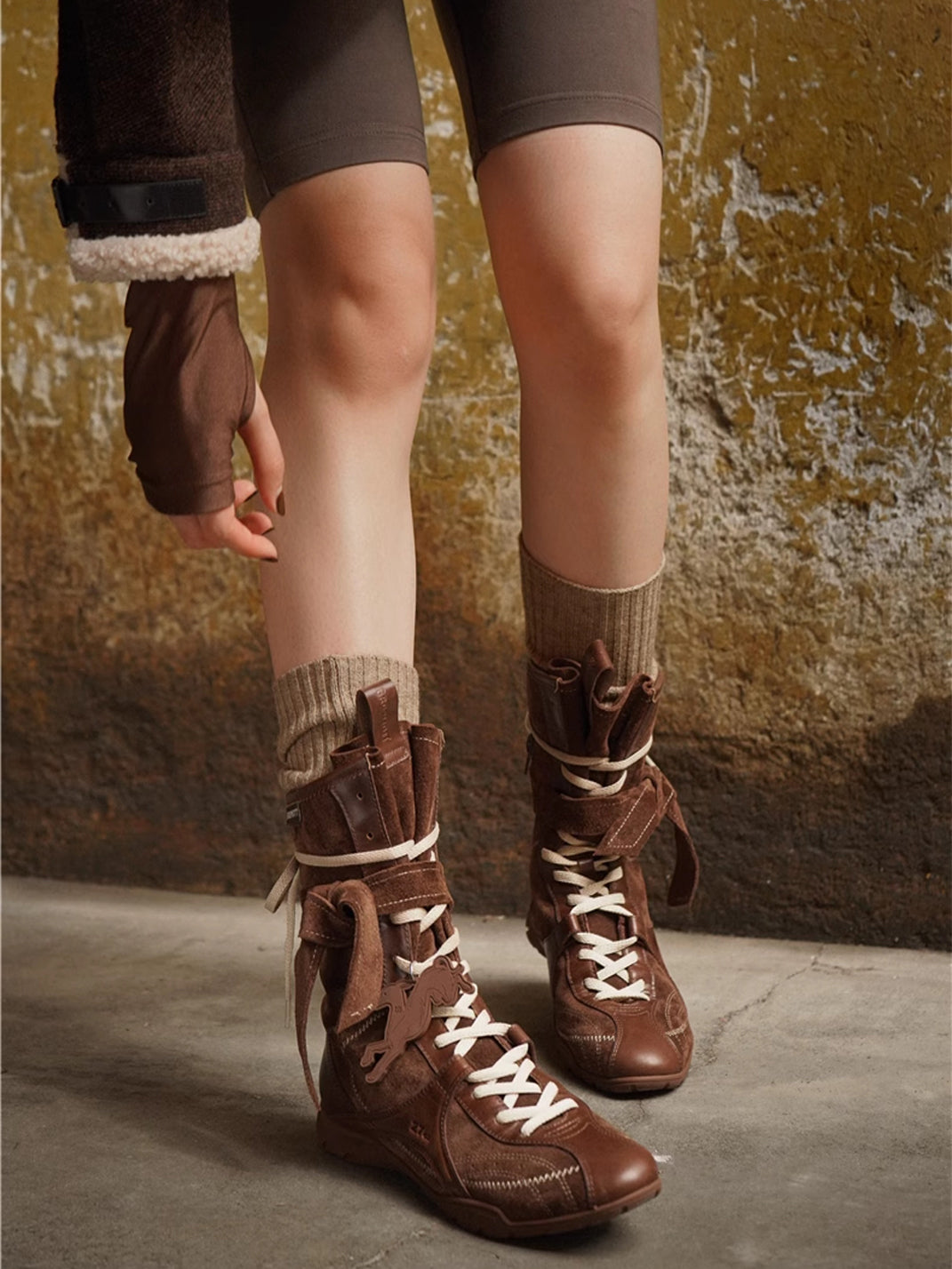 Asymmetric Foldover Lace-Up Calf Boots - View 3